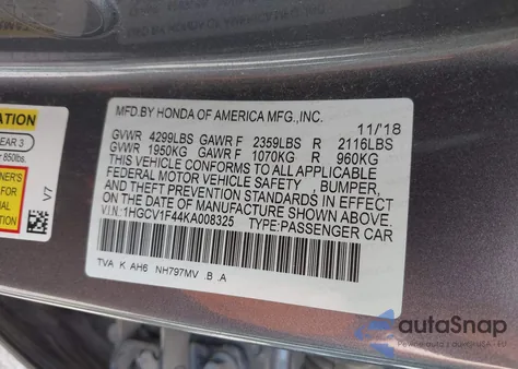 2019 Honda Accord Ex from USA, damaged, VIN 1HGCV1F44KA008325